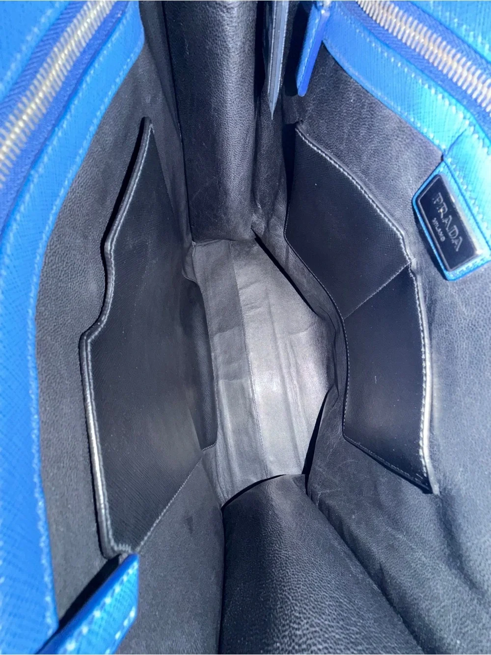 Prada Blue Leather Saffiano Structured Shoulder Tote